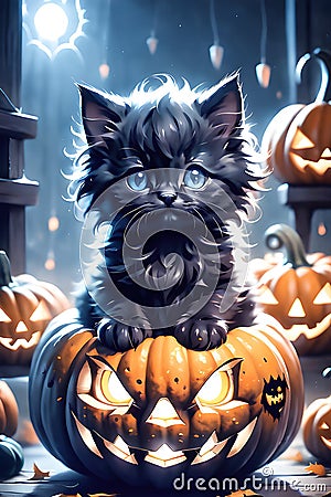 Fluffy Halloween Cute Kitten sitting on a pumpkin Stock Photo