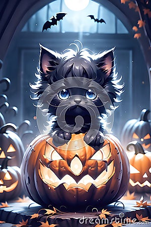 Fluffy Halloween Cute Kitten sitting on a pumpkin Stock Photo