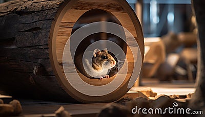 Fluffy kitten hiding inside barrel, looking playful generated by AI Stock Photo