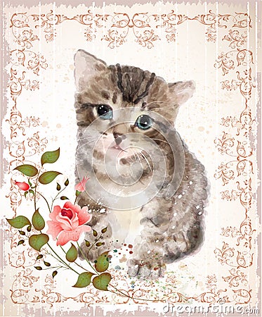Fluffy kitten with roses and butterfly. Vector Illustration