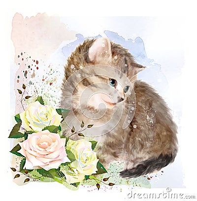 Fluffy kitten with roses. Vector Illustration