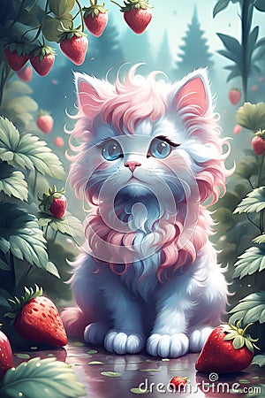 A fluffy kitty with strawberry garden, cute, adorable, animal, digital painting, vector art, fantasy, realiatic, 8k, printable Stock Photo