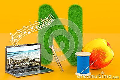 Fluffy letter N with nails, notebook, notes, needle, nectarine. Kids ABC, 3D rendering Stock Photo