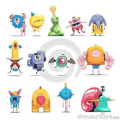 Fluffy monsters. Funny trendy monster creatures mascot, cartoon little furry beast with teeth and wings alien silly ugly Vector Illustration