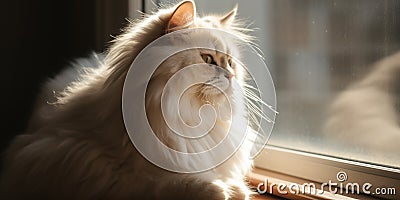 A fluffy persian cat lounging in a sunny window, watching birds outside, concept of Feline Relaxation, created with Stock Photo