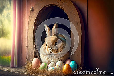 fluffy pretty easter bunny in house with easter eggs Stock Photo