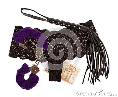 Fluffy purple handcuffs, a whip, money and panties, prostitution Stock Photo