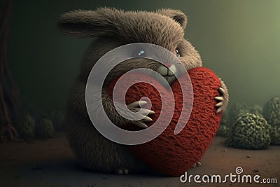 Fluffy Rabbit Embracing a Heart, Generative Ai Stock Photo