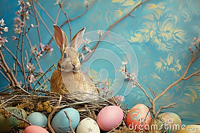 Whimsical Rabbit Guardian of Easter Eggs Stock Photo