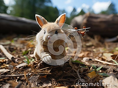Fluffy rabbit soaring with toy airplane Stock Photo