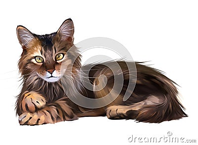 Fluffy red cat lies. Watercolor painting Stock Photo