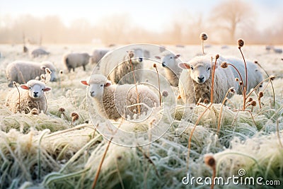 fluffy sheep crowd on frost-covered grass Stock Photo