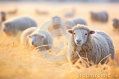 fluffy sheep crowd on frost-covered grass Stock Photo