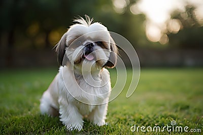 cute shih tzu puppy dog playing on green grass Stock Photo