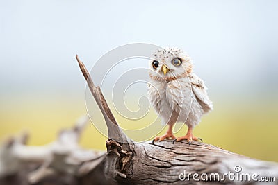 fluffy snowy owl chick standing on a low branch Stock Photo