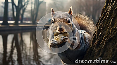 A fluffy squirrel climbing a tree trunk in the forest. generated by AI tool Stock Photo
