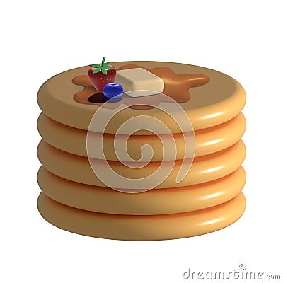 Fluffy stack of pancakes with maple syrup, butter and fresh fruit on white background 3d illustration Cartoon Illustration