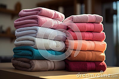 Fluffy stack Towels neatly arranged in a stack for convenience Stock Photo