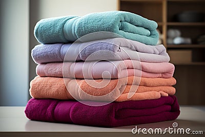 Fluffy stack Towels neatly arranged in a stack for convenience Stock Photo