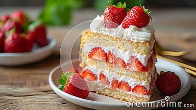 A fluffy strawberry shortcake, layers of sponge cake, fresh strawberries, and whipped cream. Stock Photo