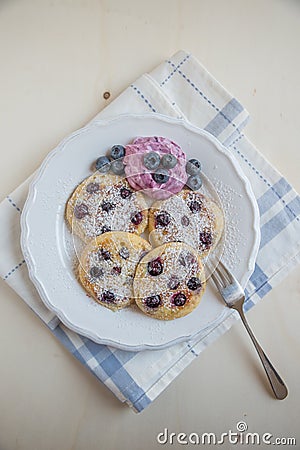 Fluffy Wholemeal Pancakes with Fresh Blueberries Stock Photo