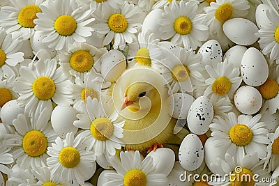 A fluffy yellow chick stands amid white daisies and speckled eggs a vibrant embodiment of spring. Ideal for Easter and Stock Photo