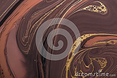 Fluid Art. Abstract Golden curl and lines on brown waves. Marbling background or texture Stock Photo