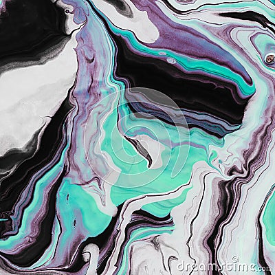 Fluid Art. Abstract marble background or texture. White black and neon turquoise waves and curls Stock Photo