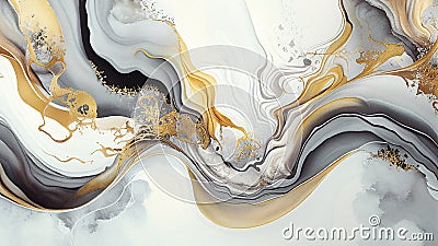 Fluid art background. Paper marbling abstract texture in grey and golden colours. AI generative illustration. Cartoon Illustration