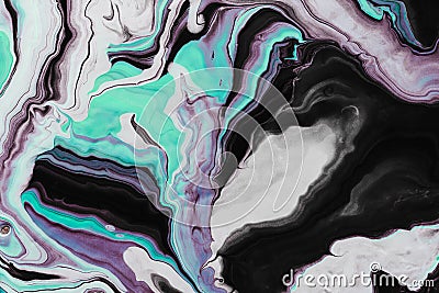 Fluid Art. White black and neon turquoise waves and curls. Abstract marble background or texture Stock Photo