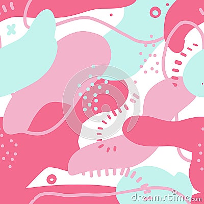 Fluid bold shapes seamless pattern. Abstract design with colorful elements. Chaotic stains in pink colors. Vector print Vector Illustration