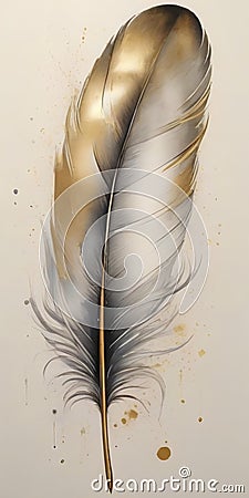 Fluid Feather Drawn 2D Aquarelle, Mottled Elegance the Radiance of Dark Silver, Dark Gold, Pale Gold Pigment Stock Photo