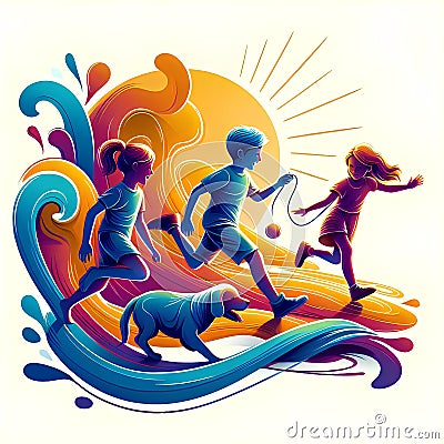 fluid image of children running with a dog Cartoon Illustration