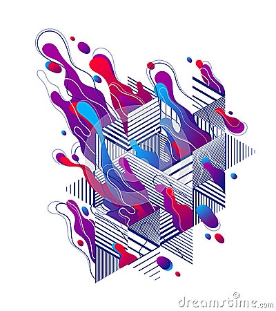 Fluids colorful liquid shapes in motion with geometric lines vector abstract graphic design element, dynamic modern art flowing Vector Illustration