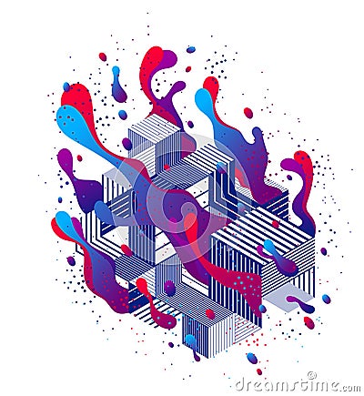 Fluids colorful liquid shapes in motion with geometric lines vector abstract graphic design element, dynamic modern art flowing Vector Illustration