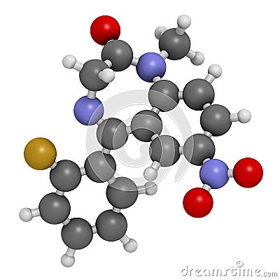 Flunitrazepam hypnotic drug molecule. 3D rendering. Atoms are represented as spheres with conventional color coding: hydrogen ( Stock Photo