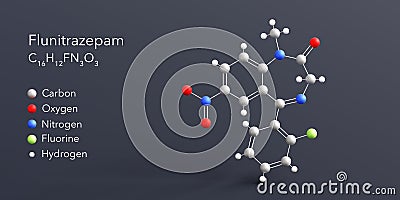flunitrazepam molecule 3d rendering, flat molecular structure with chemical formula and atoms color coding Stock Photo