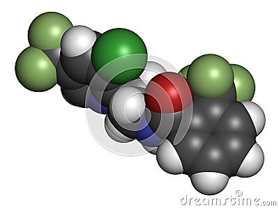 Fluopyram fungicide molecule. 3D rendering. Atoms are represented as spheres with conventional color coding: hydrogen white,. Stock Photo