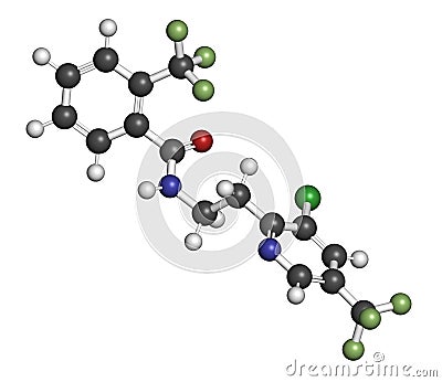Fluopyram fungicide molecule. 3D rendering. Atoms are represented as spheres with conventional color coding: hydrogen white,. Stock Photo