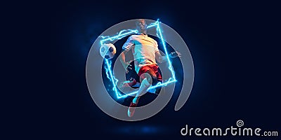 Art collage. Young man, professional football player in motion and action with ball isolated on dark background with Stock Photo