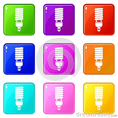 Fluorescent bulb icons 9 set Vector Illustration