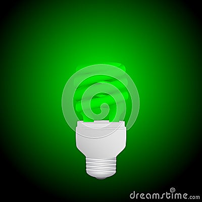 Fluorescent green economical light bulb glowing on a dark background. Save energy lamp. Vector Illustration