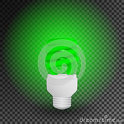 Fluorescent green economical light bulb glowing on a transparent background. Save energy lamp. Vector Illustration