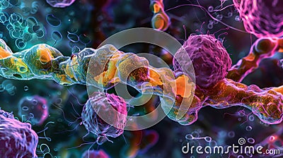 A fluorescent image of a white cell engulfing and destroying fungal spores highlighting the cells ability to adapt and Stock Photo