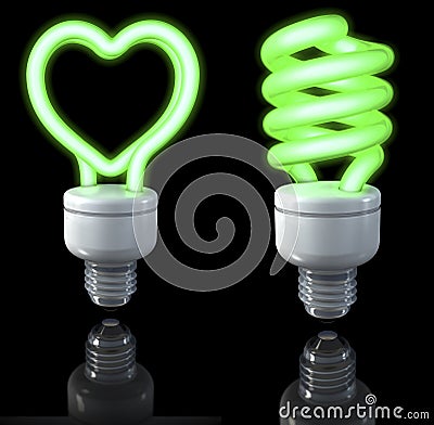 Fluorescent lamps, spiral shaped, heart shaped, green glow, 3d rendering on dark background Stock Photo