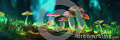 Fluorescent Magical Fly Agaric Mushrooms in Surreal Mystical Forest. Digital illustration. Generative AI Cartoon Illustration