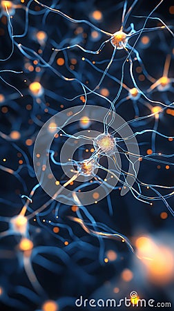 Fluorescent microscopy image of a neuron network, with glowing synapses and axons, representing neuroscience research Stock Photo