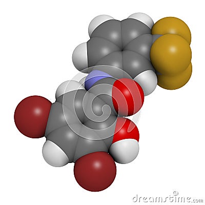 Fluorosalan antiseptic molecule. 3D rendering. Atoms are represented as spheres with conventional color coding: hydrogen (white), Stock Photo