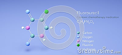 fluorouracil molecule, molecular structures, adrucil medication, 3d model, Structural Chemical Formula and Atoms with Color Coding Stock Photo