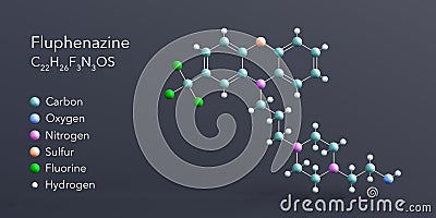 fluphenazine molecule 3d rendering, flat molecular structure with chemical formula and atoms color coding Stock Photo